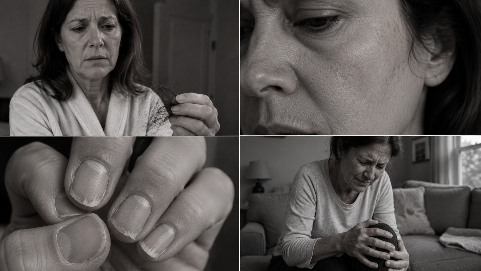 Four signs of collagen loss after 40: thinning hair, tired skin, brittle nails, aching knee