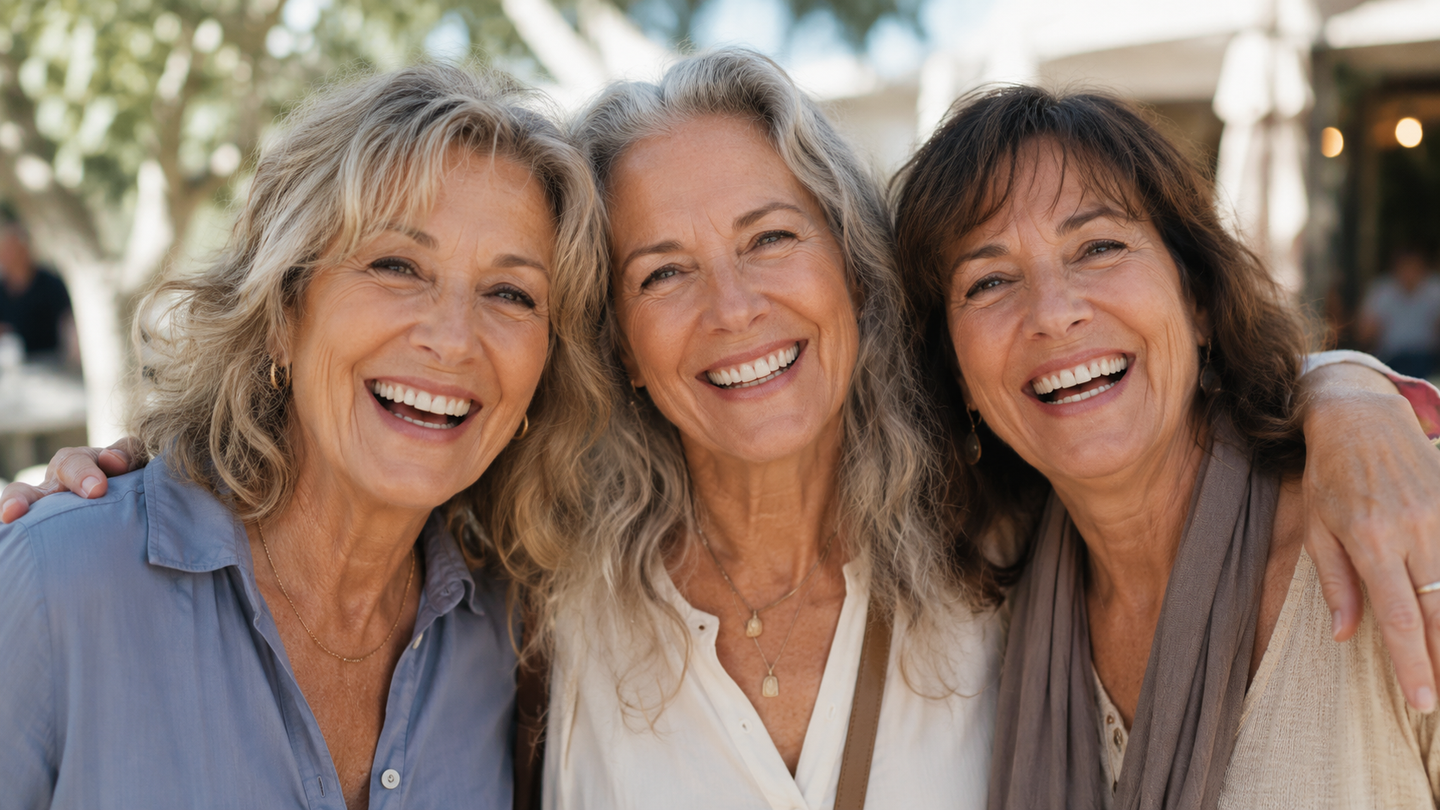 Three smiling women over 40 together outdoors